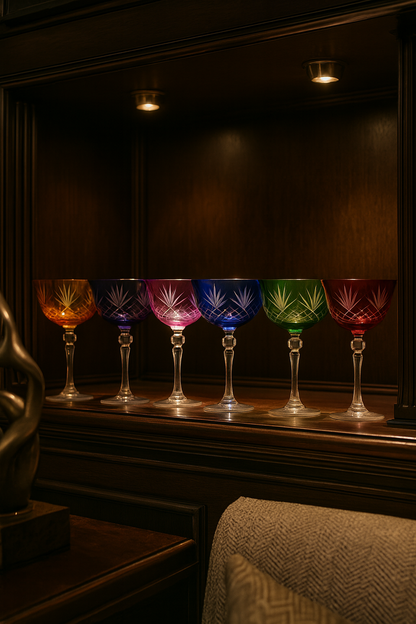 Veyra six-color coupe glass set lined across a dark illuminated bar shelf
