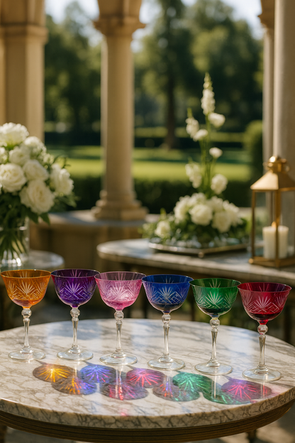 Veyra six-color coupe glass set arranged on a garden marble table with white flowers