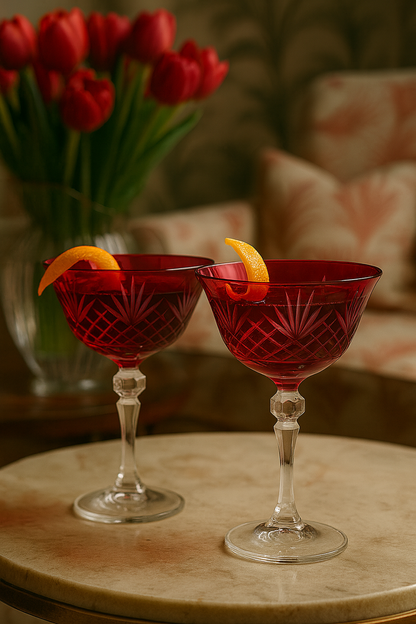 Pair of Crimson Red Veyra coupes with citrus garnishes beside red tulips on a marble table.