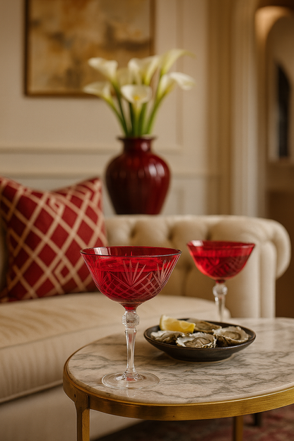 Pair of Crimson Red Veyra coupes on a round marble table in a cream and red sitting room.