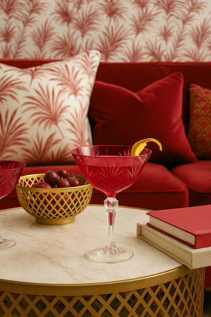 Crimson Red Veyra Coupe on a round gold-trimmed table before a red sofa and patterned wall.