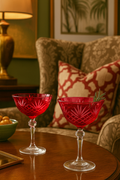 Pair of Crimson Red Veyra coupes on a wood table before patterned green lounge seating.
