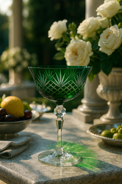 Veyra Sylvan Emerald coupe glass on a garden table among white roses and citrus fruit