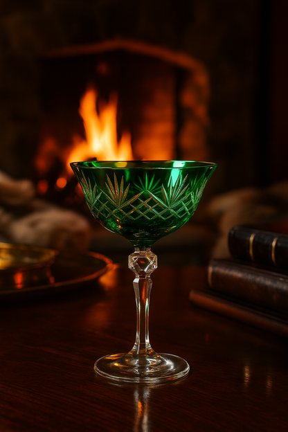 Veyra Sylvan Emerald coupe glass glowing on a table before an open fireplace