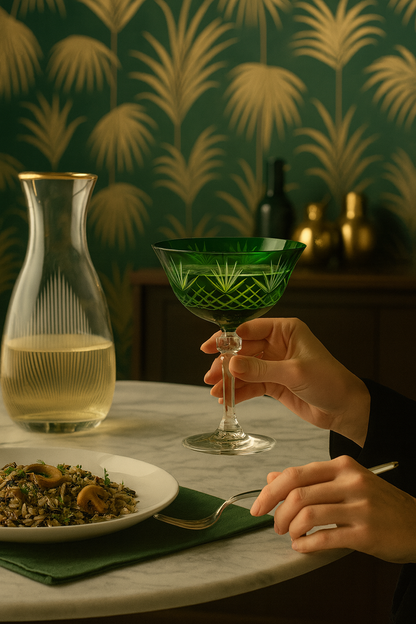 Veyra Sylvan Emerald coupe glass held at a dining table beside a clear carafe