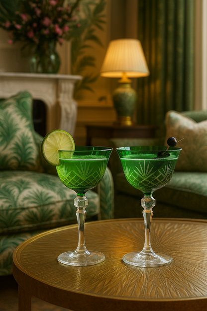 Two Veyra Sylvan Emerald coupe glasses displayed on a round table in a green sitting room