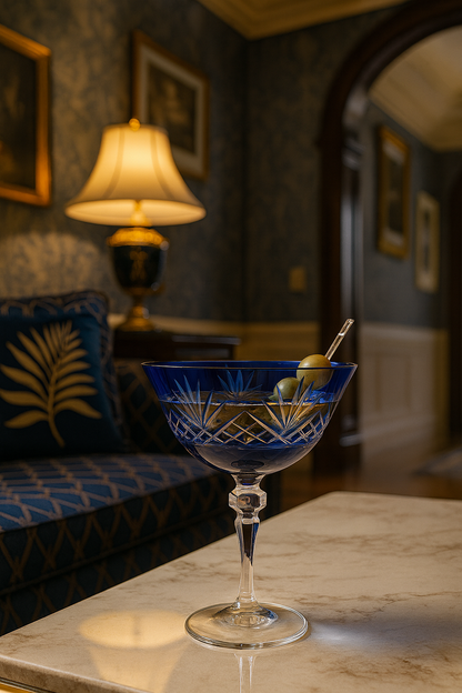 Midnight Sapphire Veyra Coupe with two olives and a cocktail pick on a marble table in a dark lounge.