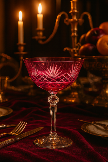 Veyra Orchid Rosé coupe glass centered on a candlelit table with dark red linen