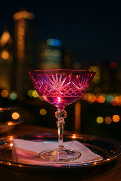 Veyra Orchid Rosé coupe glass glowing on a tray against a city skyline at night