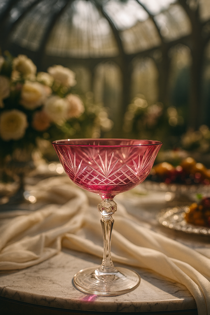 Veyra Orchid Rosé coupe glass on a marble table in a flower-filled conservatory