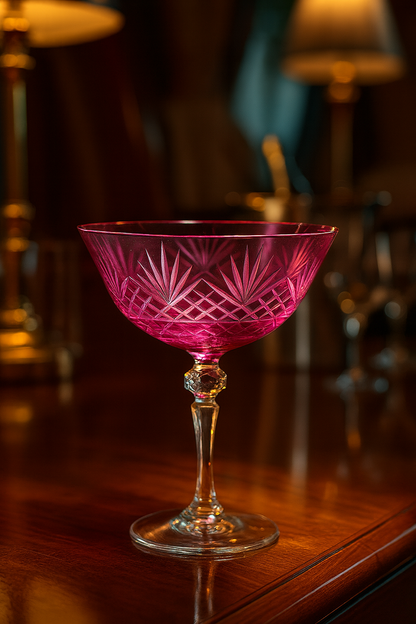 Veyra Orchid Rosé coupe glass displayed on a polished bar counter beneath warm lamps