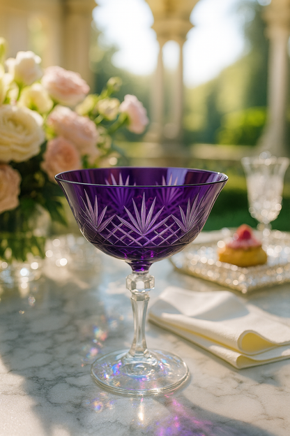Regal Violet Veyra coupe glass on a garden table with pink flowers
