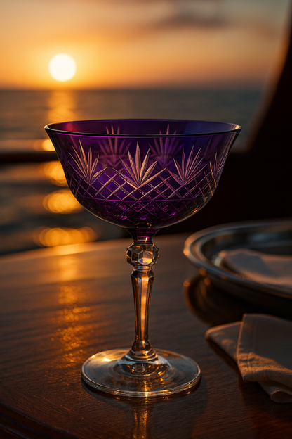 Regal Violet Veyra coupe glass on a wood table at sunset