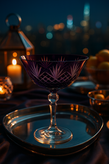 Regal Violet Veyra coupe glass on a silver tray at a candlelit table