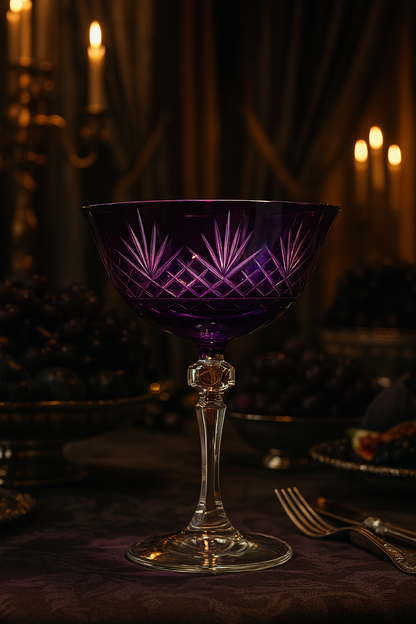 Regal Violet Veyra coupe glass on a dark table beside glowing candles