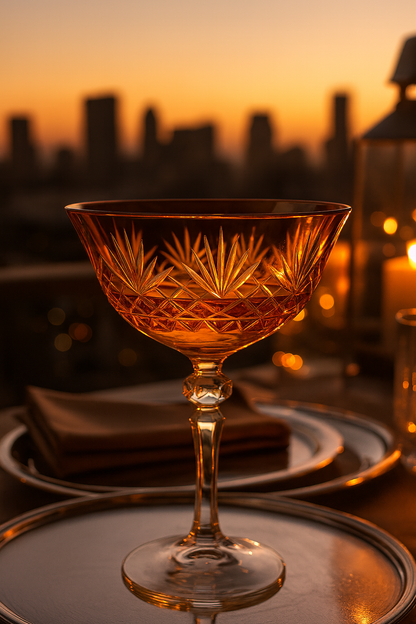 Sunlit Amber Veyra coupe glass on a silver tray above a sunset city view