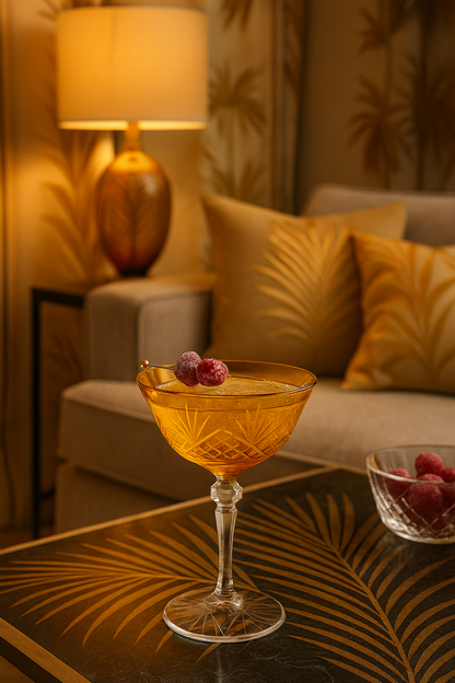 Sunlit Amber Veyra coupe glass holding dark fruit in a warm sitting room