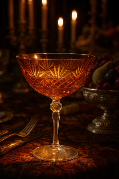 Sunlit Amber Veyra coupe glass on a dark patterned table by candlelight